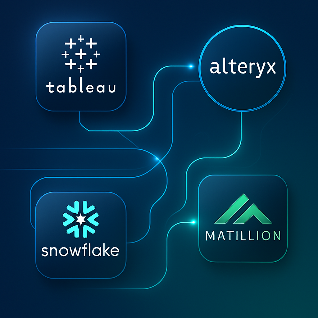 Create an image that embodies a modern technology consultancy page featuring sleek and stylized representations of software products like Tableau Alte