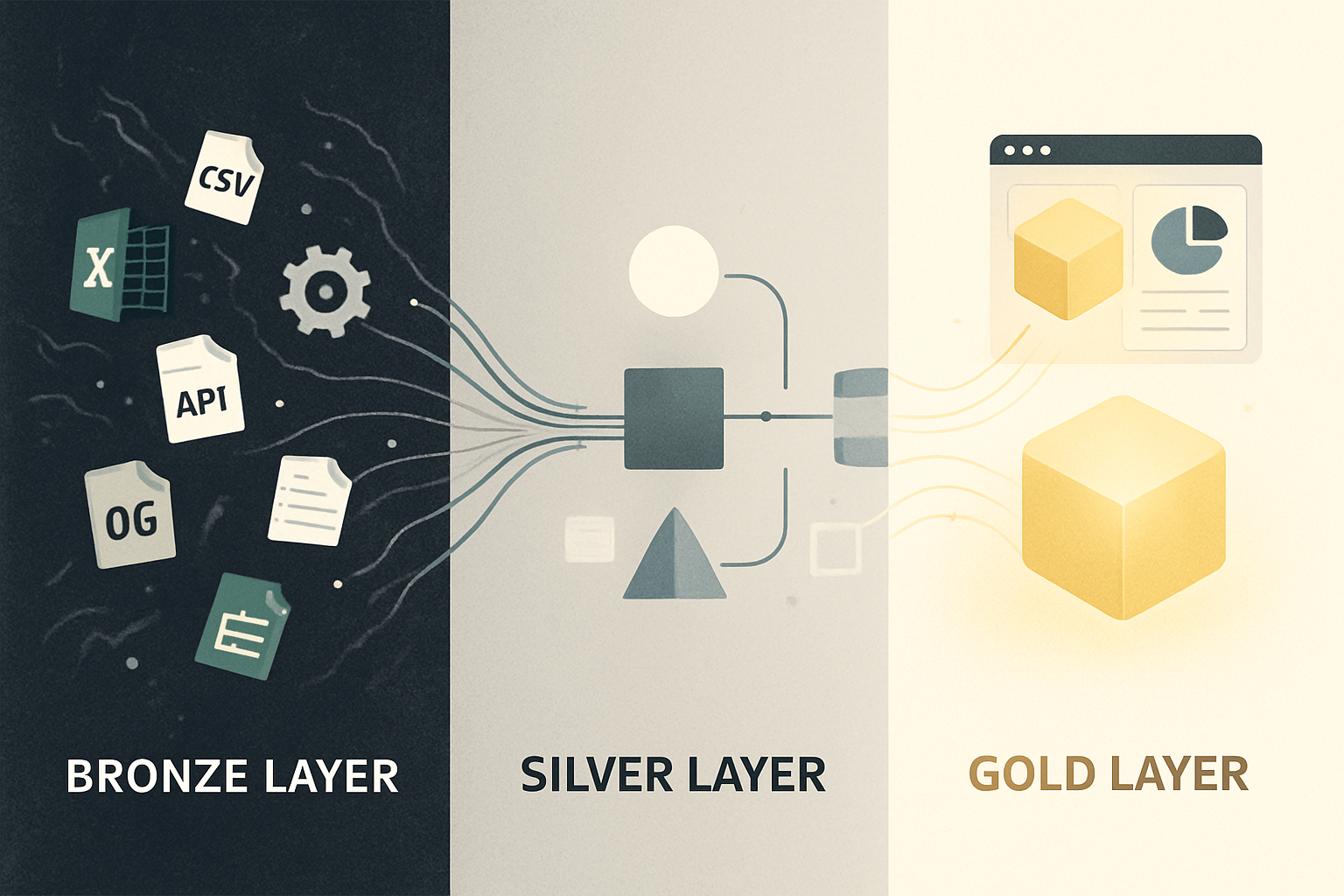 Image Generation PromptA conceptual and professional visualization of the BronzeSilverGold BSG data architecture model The image should be divided int