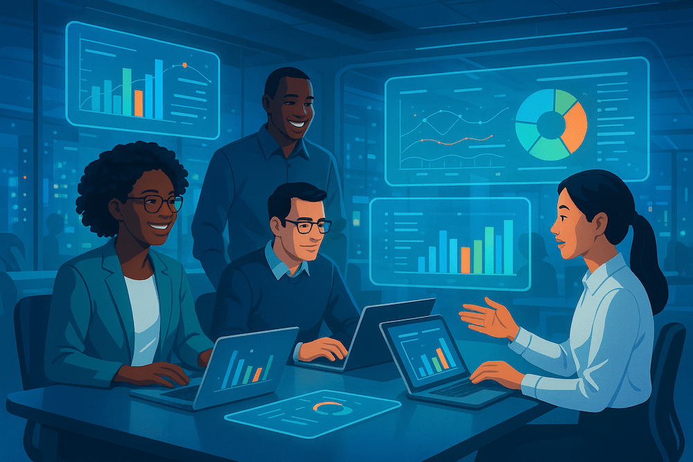 Imagine a futuristic workspace where a diverse team of professionals collaborates seamlessly surrounded by holographic data displays and interactive s (1)