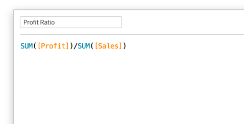 Afbeelding van de formule editor in Tableau Desktop met daarin de formule Profit Ratio: SUM([Profit])/SUM([Sales])