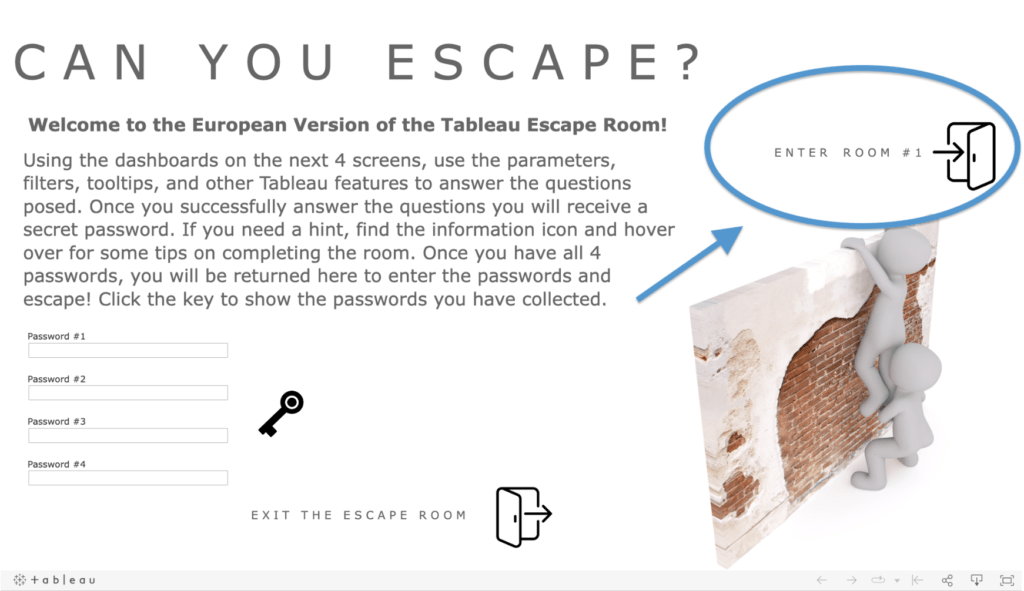 Screenshot van dashboard: Klik op “Enter Room #1” om het spel te starten.