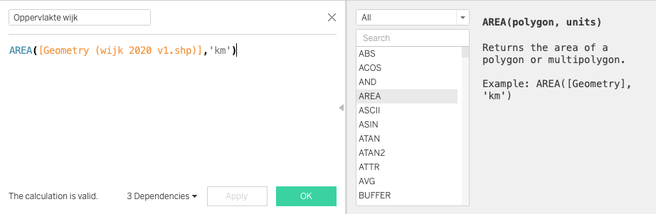 Tableau calculated field containing new Area calculation.