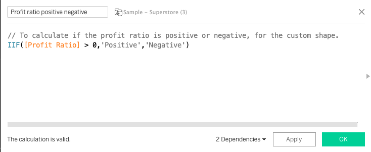 Tableau calculatie om te bepalen of de winst ratio positief of negatief is.