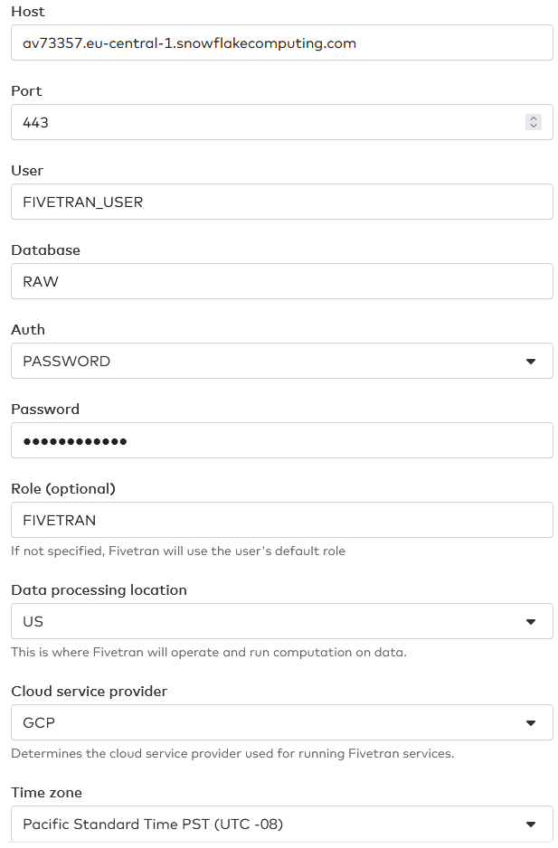 Fivetran destination set-up for modern data stack